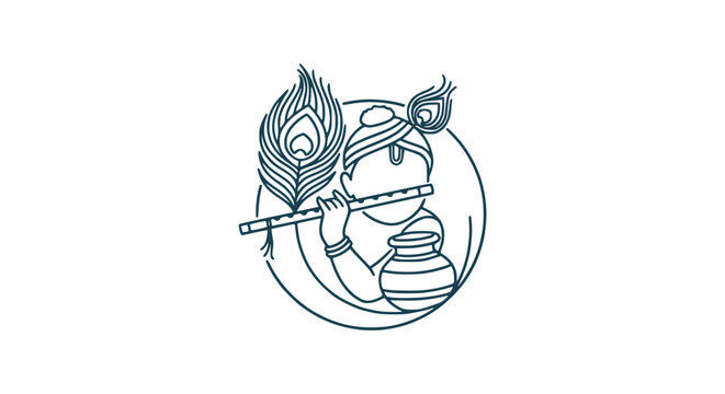 Minimalist Line Art Vector Illustration of Lord Krishna with Flute and Peacock Feather