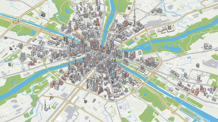 Fototapeta premium A detailed illustration of a city map with roads, rivers, and buildings, showcasing urban planning and infrastructure.