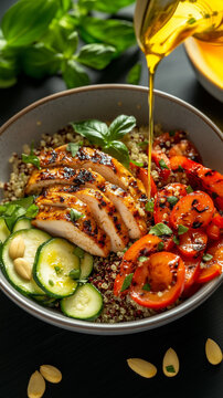 Grilled chicken breast layered over quinoa with charred cherry tomato and sliced zucchini, dynamic oil pour, minimalist plating.