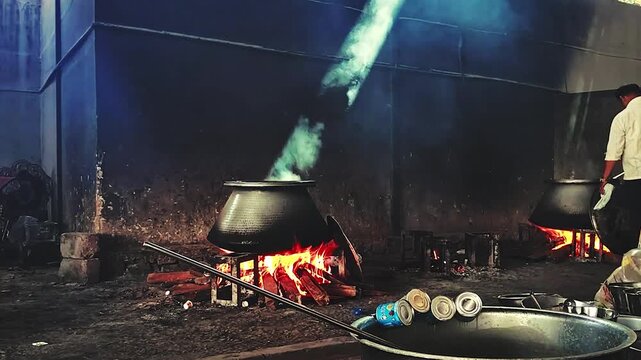 Authentic traditional Indian cooking scene with large pots simmering over wood fires, smoke beautifully illuminated by a strong natural light beam.