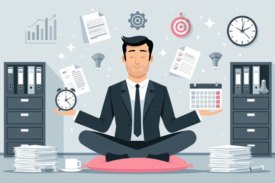 Self discipline or self control to complete work or achieve business target, time management to increase productivity concept, businessman meditate balancing clock and calendar on completed task paper
