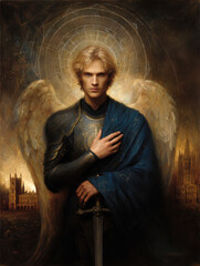 Obraz premium Majestic Archangel Warrior with Golden Wings and Stained Glass Background. AI generative.