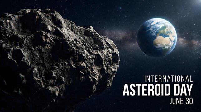 International asteroid day visualization of large rock in orbit near earth