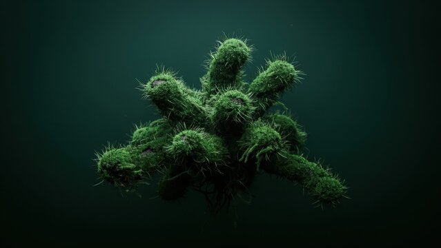 Microscopic 3D illustration of a green mossy virus or bacterial cell floating in a dark green environment