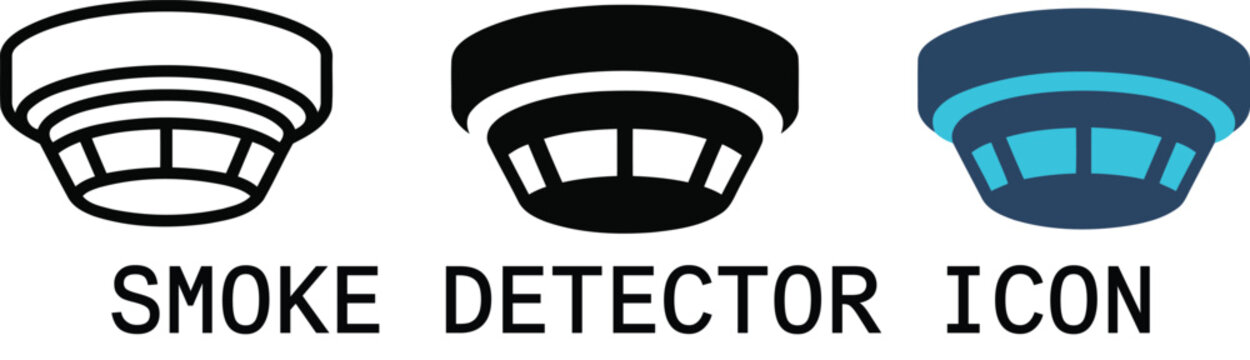 Set of three smoke detector icons: outline, solid black, and modern blue and teal design