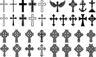 Fototapeta premium Christian cross icons mega collection celtic crucifix symbols black detailed silhouette vector bundle isolated on white background