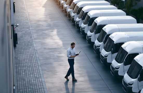 Man checks the fleet of white delivery vans with a tablet computer. The logistics manager inspects the vehicles parked in a row outdoors. The business owner manages the transport assets at the warehou