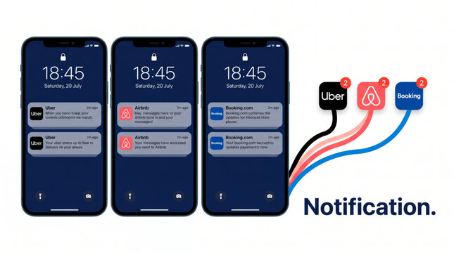 2026 Mobile App Notification mockup social media template. Uber Airbnb Booking push alerts on smartphone lock screen display. Travel transport app interface on phone screen frame. Latest update UI.