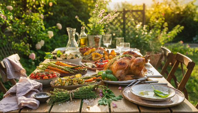 Summer Garden Dinner With Chicken and Vegetables Wide View

