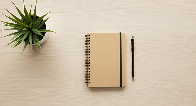 Minimalist notebook with pen and small plant - Clean desk setup featuring a spiral-bound notebook, black pen, and small potted succulent on a neutral textured surface.