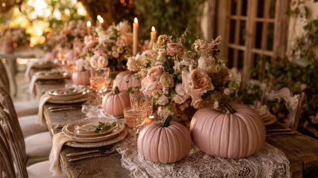 Elegant autumn table setting with pink pumpkins and floral arrangements