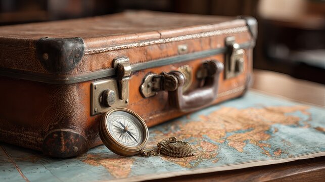A vintage leather suitcase with a compass and pocket watch on a world map