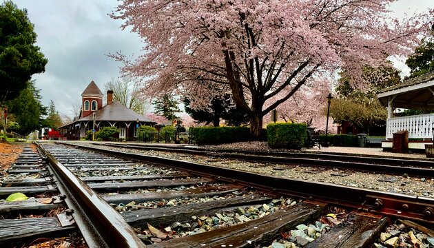 The city of Snoqualmie in Washington state has a Railroad Museum seen here on a rainy spring day while the cherry trees are in bloom_20260402_7434.