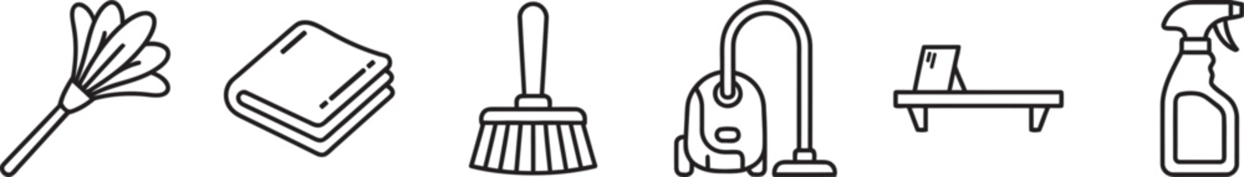 Set of household cleaning tools including duster cloth broom vacuum cleaner shelf and spray bottle for home maintenance services