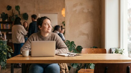 Fototapeta premium Young woman working on laptop in a cozy cafe, looking thoughtfully out the window