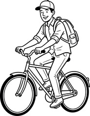 Naklejka premium Black and White Line Art Vector Illustration of a Happy Young Man Wearing a Cap and Backpack Riding a Bicycle for Eco Friendly Commute Travel and Lifestyle Designs