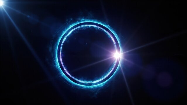 Glowing blue and purple neon ring with bright lens flares on a dark abstract background