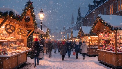 Fototapeta premium Magical Traditional European Christmas Market at Night with Falling Snow