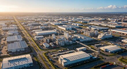 Fototapeta premium Expansive Industrial Estate Under a Clear Sky, Showcasing Manufacturing and Logistics Hub