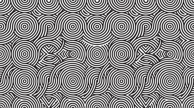 Geometric concentric circles seamless pattern with black and white interlocking wavy labyrinth lines