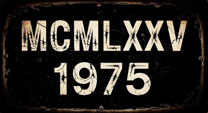 Distressed Vintage Sign Showing Roman Numeral Mcmlxxv and 1975 on Dark Metal Background