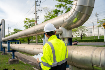 Fototapeta premium professional industrial engineer wearing a white hard hat and high-visibility PPE checks a checklist on a clipboard during a pipeline inspection at an outdoor refinery processing factory plant.