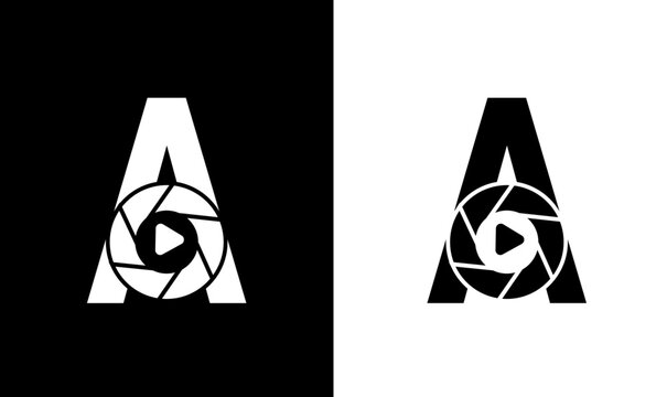 Abstract alphabet A video production logo design with aperture and play media player
