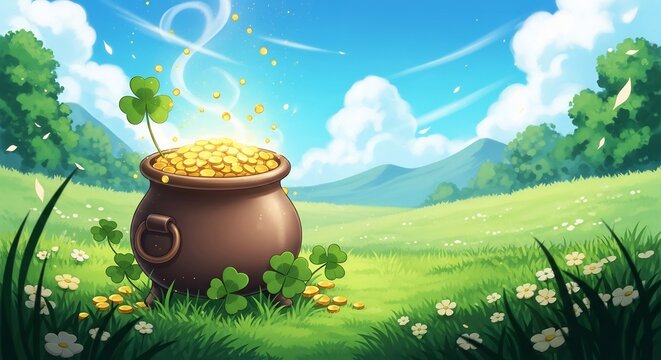 Whimsical illustration of a pot of gold coins in a vibrant green meadow under a blue sky.