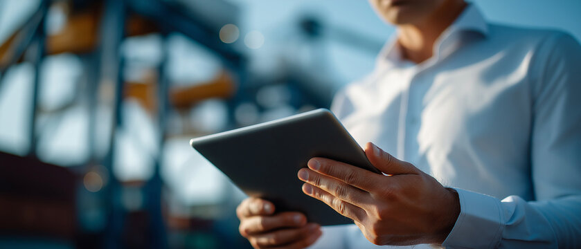 Digital Command Center: A man in a crisp white shirt intently studies data on a tablet, with a backdrop of industrial cranes and shipping containers suggesting a dynamic logistical operation.