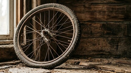 Obraz premium Old Rusty Bicycle Wheel Leaning Against a Weathered Wooden Barn Wall