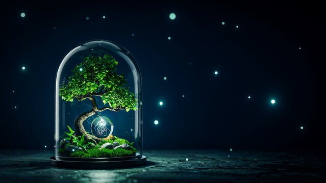 Glowing earth globe beneath tree inside glass dome symbolizing environmental sustainability and ecosystem protection