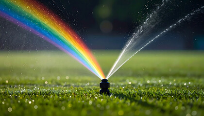 Fototapeta premium Close-up of a water sprinkler creating a vibrant rainbow arc over a lush green grass field, beautifully illustrating hydration and natural light refraction