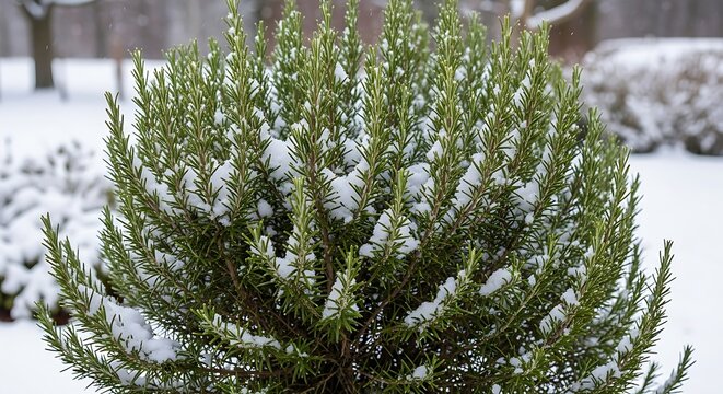 Snow Covered Evergreen Rosemary Shrub Growing in Winter Garden