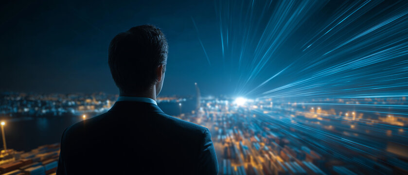 Future Vision: A businessman looks out at a futuristic cityscape, visualizing the boundless potential of technology and innovation.