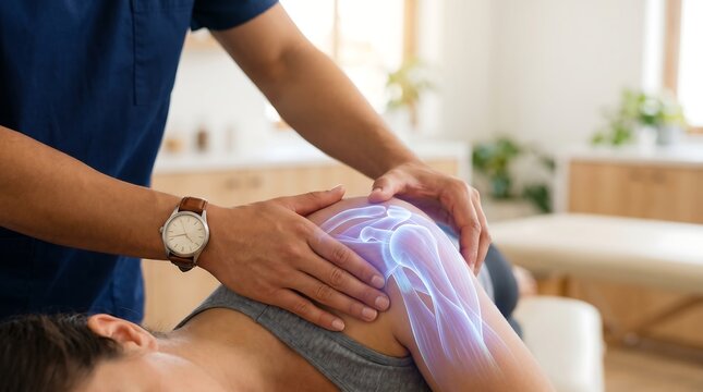 Physiotherapist performing a clinical assessment on a patient's shoulder with a futuristic glowing 3D bone and muscle anatomy hologram overlay in a modern clinic