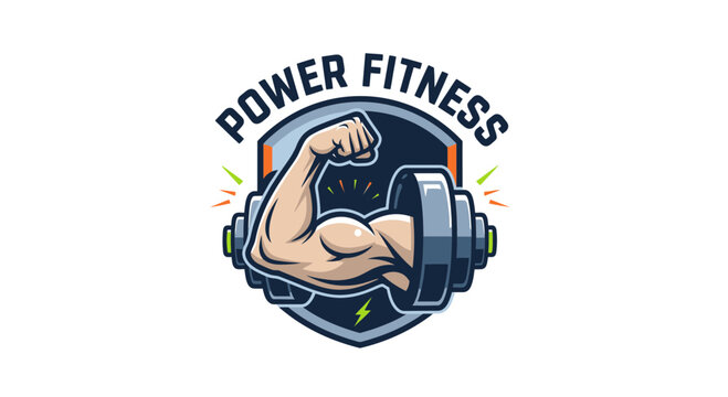 Power Fitness Emblem with Muscular Arm and Dumbbell