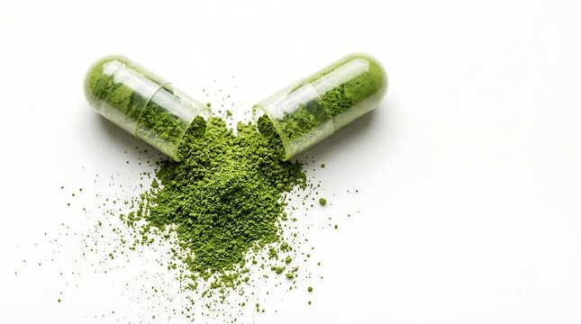 Macro close up of an opened transparent medical capsule with green herbal extract powder spilling on a white background