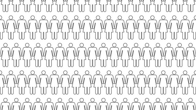 Seamless pattern of hand-holding female human figures in minimal stroke line art style on a transparent background for women, females, and gender concepts. Female symbol pattern background.