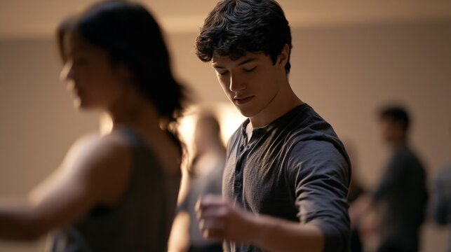 Young man practicing partner dance in studio with classmates