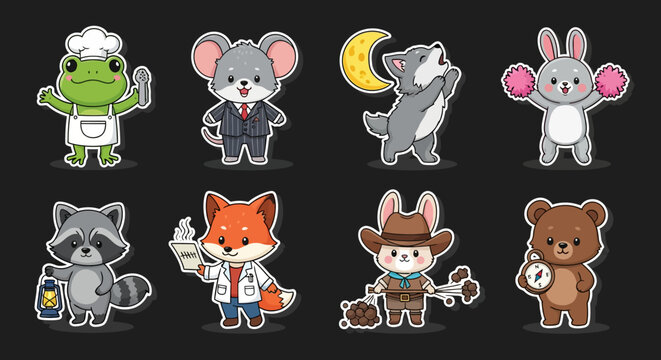 Colorful cartoon animals in various costumes and outfits.