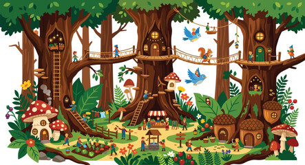 Fantasy forest village with cute gnomes living in massive treehouses mushroom homes rope bridges and lush fairytale woodland vector illustration © Kulsum