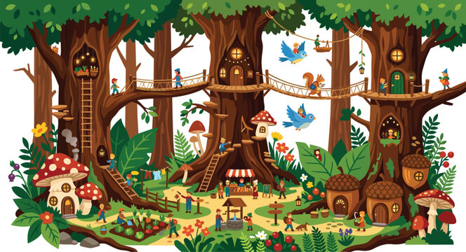 Fantasy forest village with cute gnomes living in massive treehouses mushroom homes rope bridges and lush fairytale woodland vector illustration