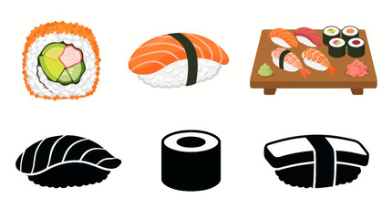 Professional vector collection featuring 6 different sushi designs, nigiri sushi, salmon sushi, tuna sushi, maki roll, california roll, sushi platter © mehdik