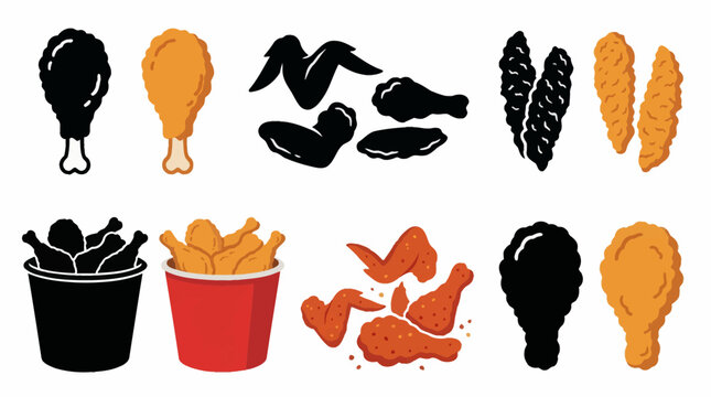Professional vector collection featuring different fried chicken designs, chicken drumstick, chicken wings, crispy chicken strips, fried chicken bucket, spicy chicken pieces, southern fried chicken