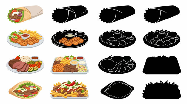 Professional vector collection featuring different doner kebab designs, doner wrap, chicken kebab, beef kebab, mixed kebab, pita kebab, loaded street food kebab