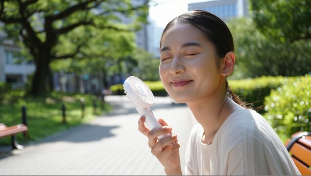 A young East Asian woman cools herself with a portable handheld fan in a sunny urban park, eyes closed in relief during intense summer heat, conveying warmth and personal comfort.