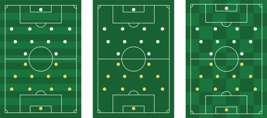 Set of green vector football tactical boards with soccer field formations, player positions, and coaching game strategy layouts. © MDRAHUL