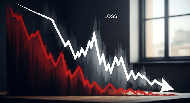A downward trend graph with red and white lines on a table near a window