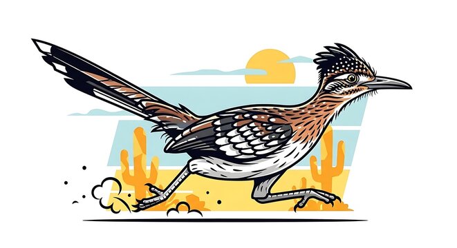 Stylized Roadrunner Bird Running Through Desert Landscape at Sunset