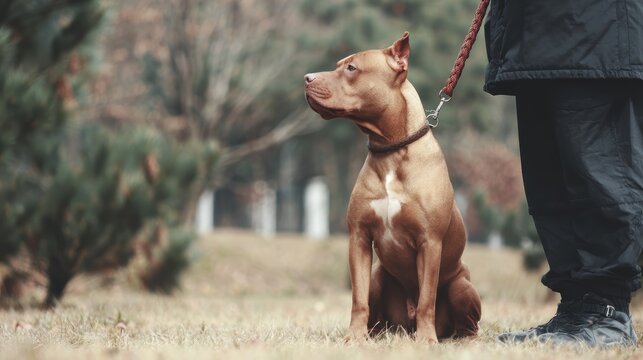 Alert brown dog on a leash in a park with owner during a fall day